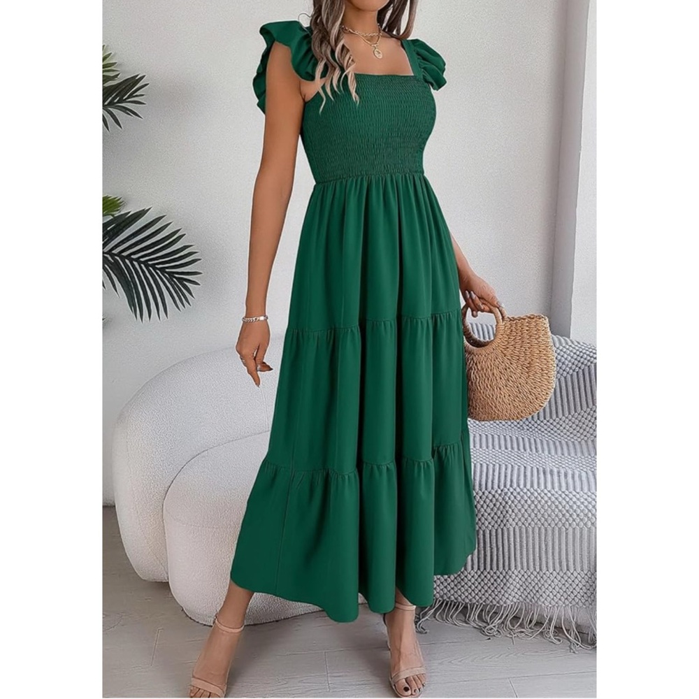 Square Neck Sleeveless Midi Tiered Dress – Beige / Brown, Size Small - Picture 4 of 4